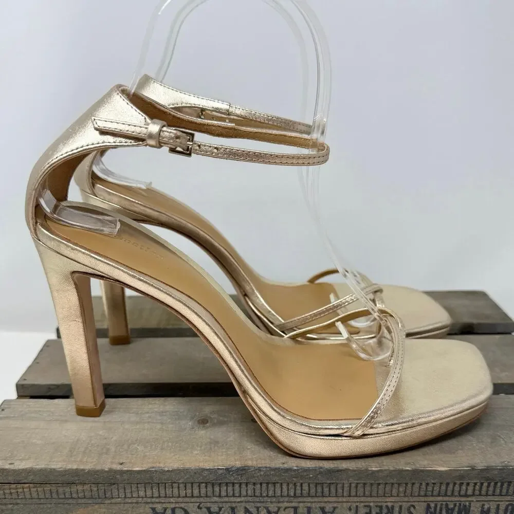 Reformation Gilda Platform Square Toe Heeled Sandal In Metallic Gold Size 8